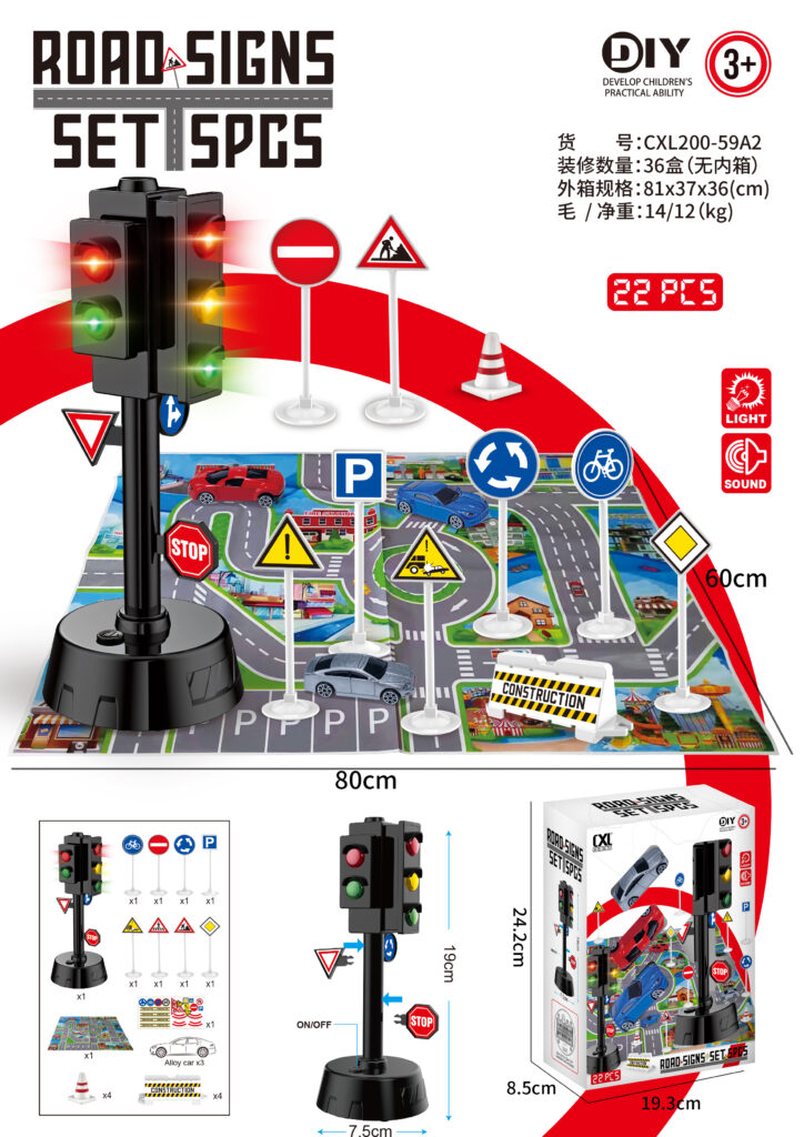 Kids DIY Traffic Road Signs Playset with Play Mat & Alloy Cars Light & Sound